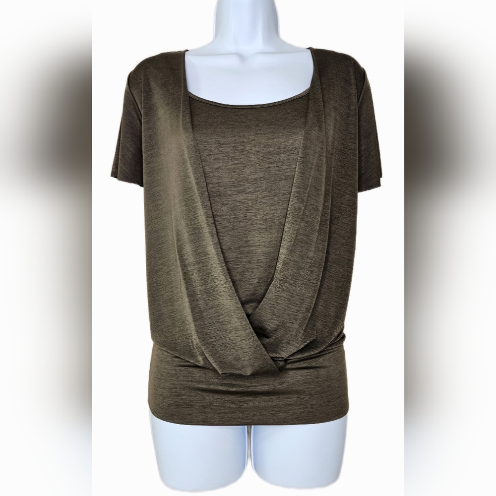 Vintage Y2K AB Studio Women's V-Neck Wrap Short Sleeve Layer Top Olive Size XL